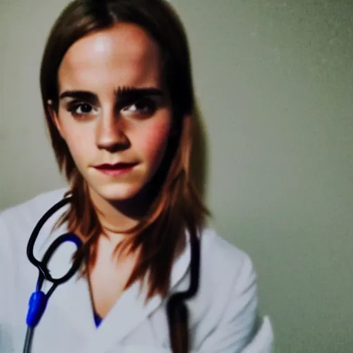Prompt: photo, close up, emma watson in nurse scrubs, dim light, low light, fog, head and shoulders, android cameraphone, snapchat story screenshot, 2 6 mm,