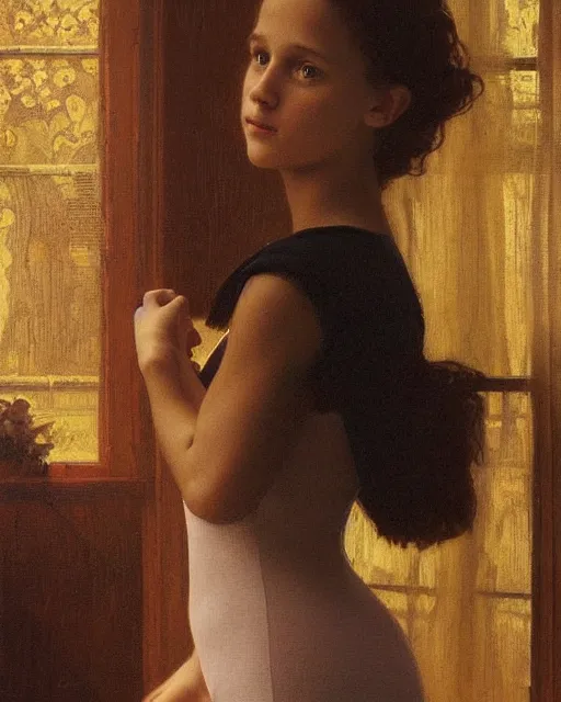 Prompt: a shadowy portrait painting of a shy, blushing 1 6 - year old alicia vikander or millie bobby brown in a leotard lit by candlelight at night, intricate, elegant, highly detailed, artstation, concept art, by krenz cushart and donato giancola and william adolph bouguereau and alphonse mucha