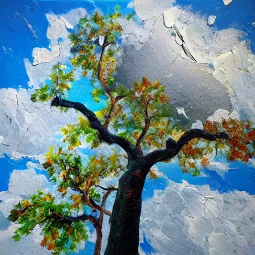 Image similar to oil paint impasto reliefs of looking up at a large sunny oak tree, through to stormy clouds, thick heavy painterly splatter, photographic quality, realistic style - i