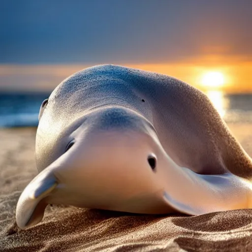 Prompt: a cute beluga on a beach, sun bathing, golden hour, vivid color, hyper realistic photograph