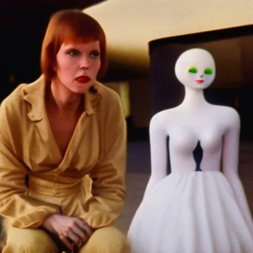 Image similar to 1981 color archival photo of a glamorous woman in a dress, and Casper the Friendly Ghost, in a sidewalk cafe, 16mm film soft color, earth tones and soft color 1981, live-action archival footage, in style of doris wishman russ meyer, woman looks like young mia farrow