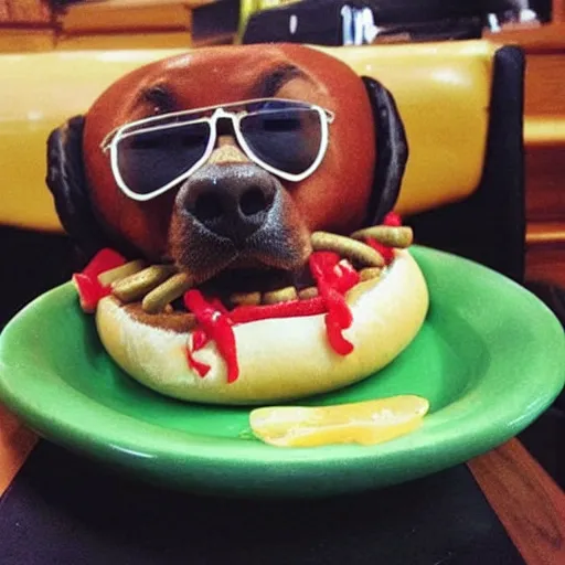 Image similar to a hot dog that looks like snoop dogg