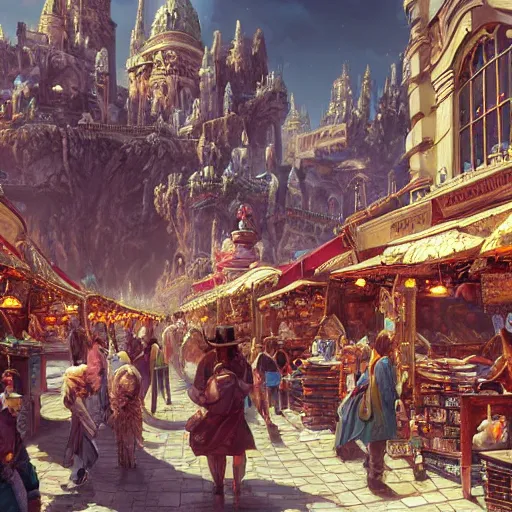 Prompt: a busy fantasy street market from within a beautiful and ornate city, hyper realistic digital art, by Sylvain Sarrailh, by Sebastian Luca, by Nicodemus Yang-Mattisson, beautiful painting, detailed, cinematic, great composition, rococo, dungeons and dragons, lord of the rings, artstation