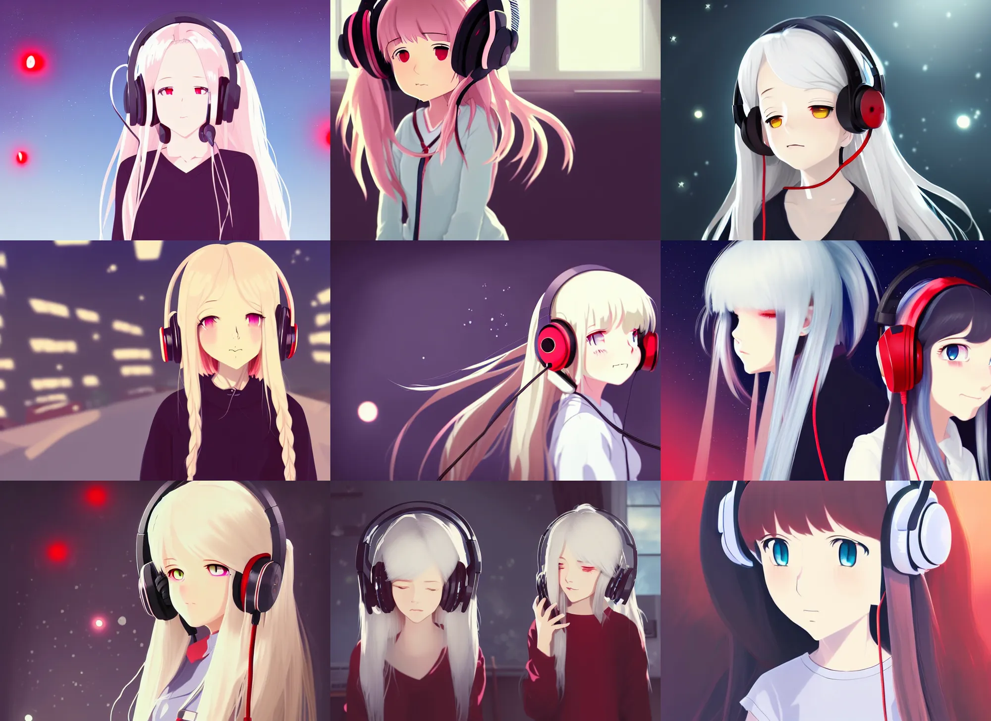 Prompt: high quality portrait of a cute girl with red eye!!! and long white hair!!! wearing a headset in her room interior, anime art poster style, finely detailed, headshot, ambient lighting, cinematic still, studio ghibli, bokeh