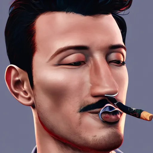 Image similar to a closeup photo of handsome gigachad markiplier smoking a cigar, 8k photorealism, extremly detailed, trending on artstation