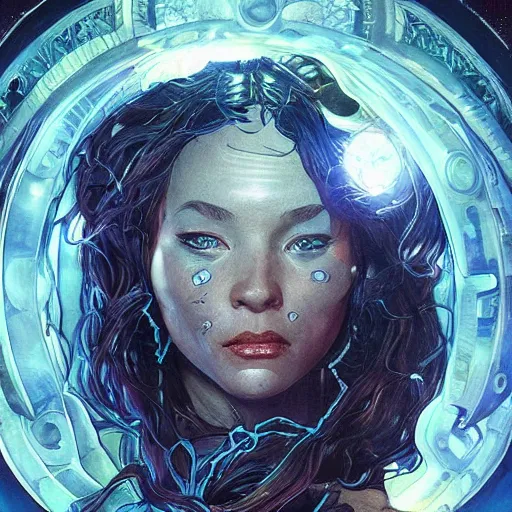 Image similar to cyborg, female, fantasy, bioluminiscence, flowing hair, portrait, highly detailed, digital painting, beautiful eyes, symmetry, concept art, sharp focus, illustration, art by artgerm and greg rutkowski and magali villeneuve and ilya kuvshinov! : : alphonse mucha : : - 0. 2