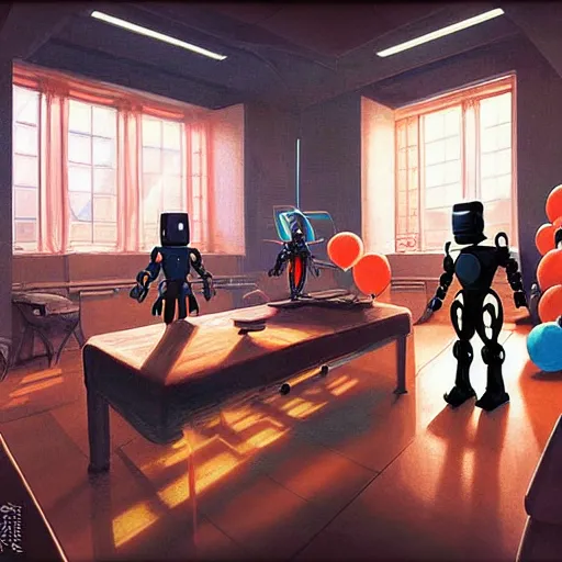 Prompt: digital painting of a ninja robot in a room full of birthday baloons , concept art, by Ralph mcquarrie, sunlight pouring through window, huge scale, high detail, futuristic, godrays, volumetric lighting, warm lighting