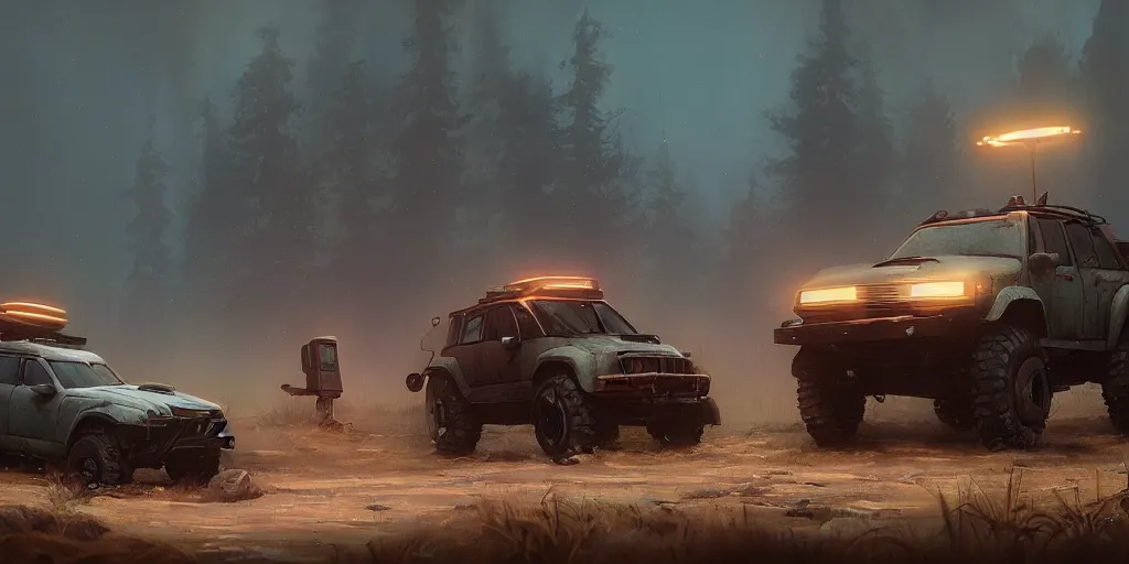 Image similar to a beautiful concept offroad suv, an epic fantasy, dramatic lighting, cinematic, establishing shot, extremely high detail, photorealistic, cinematic lighting, artstation, by simon stalenhag, horizon forbidden west