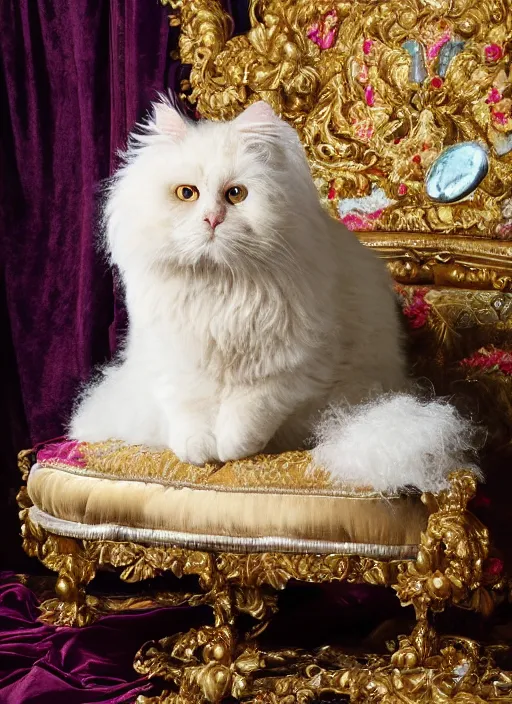 Image similar to a magnificent portrait of a fluffy fat cat on a precious embroidered velvet cushion on a neo - rococo gilded little bed with precious stones, ball of yarns all around, by david lachapelle, photorealistic, canon r 3, photography, wide shot, symmetrical features, symmetrical pose, wide angle shot, standing pose, feet on the ground