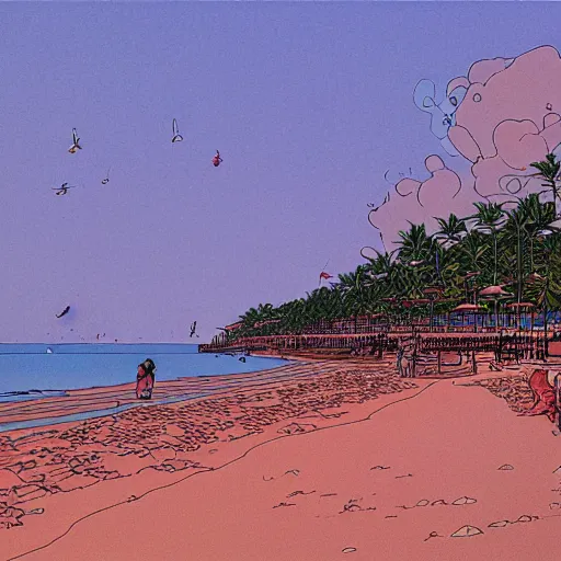 Prompt: a singaporean beach, by moebius