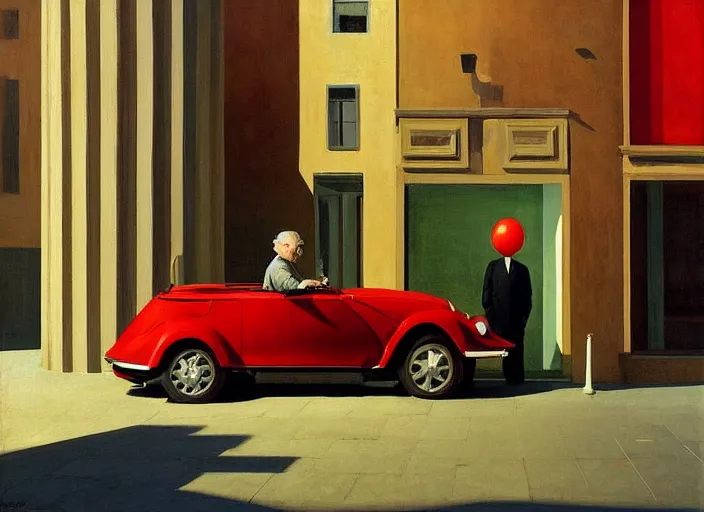 Image similar to aslouchy elegant old man with a black balloon stands at citroen ds 1 9 in grim rome, highly detailed, soft lighting, elegant, by edward hopper and james gilleard, zdzislaw beksinski, steven outram, highly detailed