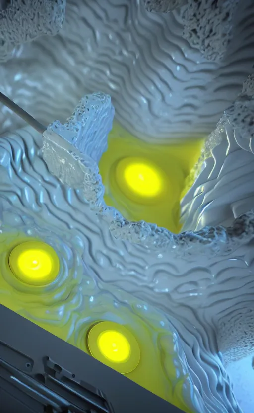 Prompt: liquid nitrogen with yellow water-cooling coolant flowing through latent representations of yellow ice caverns by centrifugal forces, computer circuitry sticking out the walls!!!!, high detail, high contrast!, low-poly elements!!!, trending on artstation, octane render, subsurface scattering, ray-tracing, 4k