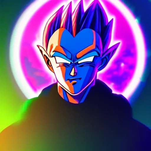 Prompt: vegeta portrait, vaporwave, synthwave, neon, vector graphics, cinematic, volumetric lighting, f 8 aperture, cinematic eastman 5 3 8 4 film