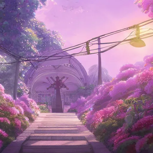 Prompt: paradise with a christian cross as the light is shining at the end of the tunnel, with pale purple and pale pink lighting, cute, aesthetic, anime, with a few vines and overgrowth, studio ghibli, cinematic, painting, high definition, digital art, symmetrical, very detailed, extremely high detail, photo realistic, concept art, unreal engine 5,