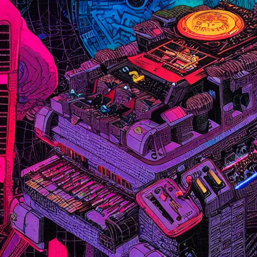 Prompt: a synthesizer from hell, cyberpunk concept art by josan gonzales and philippe druillet and dan mumford and enki bilal and jean claude meziere