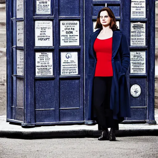 Image similar to a beautiful full body photograph of hayley atwell dressed as the doctor from doctor who standing in front of the tardis, symmetrical face, extreme realism and detail, 8 k, completely framed, direct lighting, 3 5 mm photo, photorealistic, sharp focus