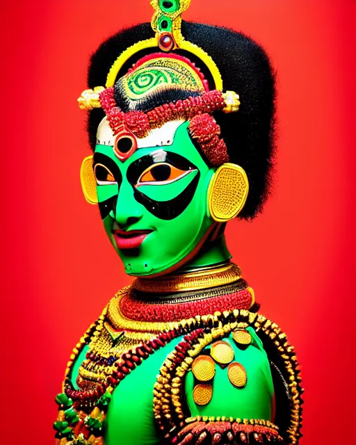 Prompt: symmetrical portrait of a kathakali dancer cyborg wearing a silicone swarovski studded red beauty mask and green hair buns, wearing a black bodysuit armour by alexander mcqueen, cream white background, soft diffused light, biotechnology, humanoid robot, bjork aesthetic, translucent, by rineke dijkstra, intricate details, highly detailed, masterpiece,