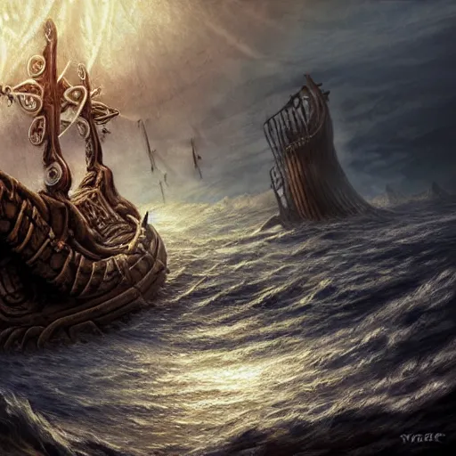 Image similar to kraken breaking epic viking ship, kraken, wrecked ship, centered in picture, epic fantasy, detailed, intricate, digital painting, concept art, realistic, smooth, focus, rim light