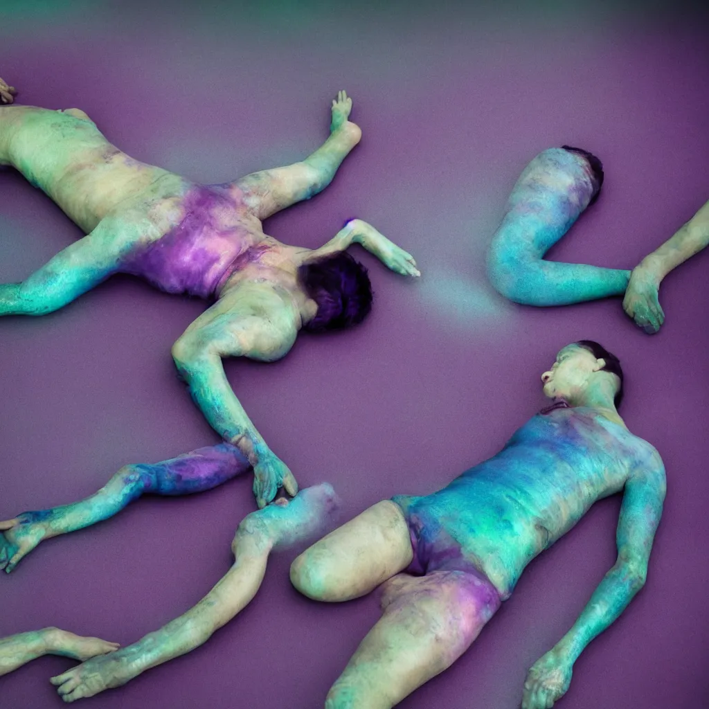 Image similar to cinestill of glitch iridiscent oil slick corpses connected by tubes to wax technical forms to a buried baby relaxing on yoga mat, faded, iridiscent gradient, purple fog, depth of field, blur, very detailed, by nadav kander and hans bellmer, 8 k, ultrarealistic, sad atmosphere, cinematic, 8 5 mm lens