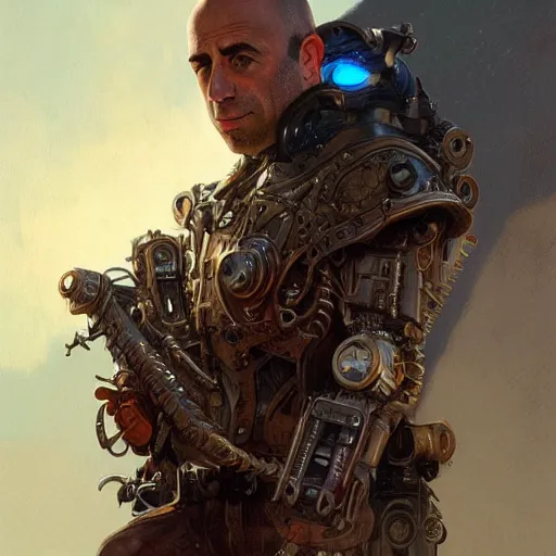 Prompt: joe rogan as a cyborg, portrait, western, steampunk, duster, fantasy, intricate, elegant, highly detailed, digital painting, artstation, concept art, sharp focus, illustration, art by artgerm and greg rutkowski and alphonse mucha