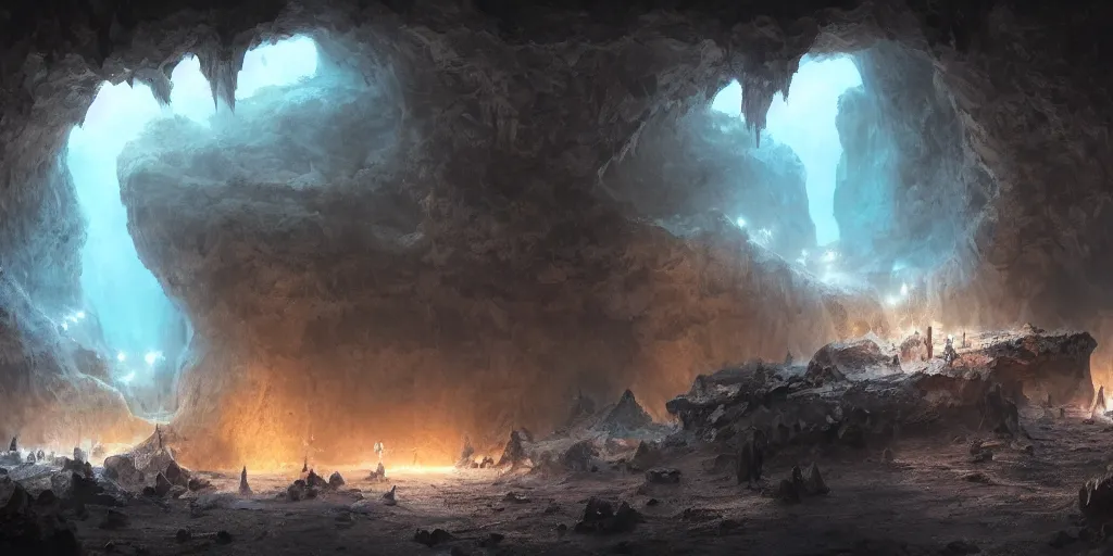 Image similar to beautiful matte painting of a cave with glowing crystals on the walls and bone piles on the floor, fantasy, sharp focus, artstation