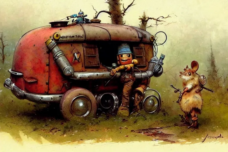 Image similar to adventurer ( ( ( ( ( 1 9 5 0 s retro future robot android fat rat house wagon woods scene. muted colors. ) ) ) ) ) by jean baptiste monge!!!!!!!!!!!!!!!!!!!!!!!!! chrome red