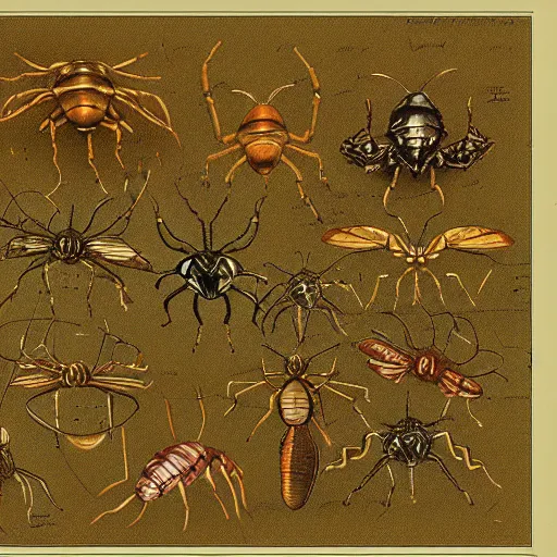 Prompt: detailed color technical drawing of alien bugs by da vinci