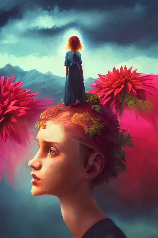 Image similar to closeup giant dahlia flower under head, girl standing on mountain, surreal photography, blue storm clouds, dramatic light, impressionist painting, digital painting, artstation, simon stalenhag