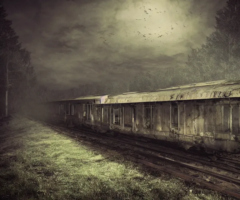 Prompt: creepy ghost train, high res, photorealistic, dark atmosphere, dark fantasy, gloomy tracks, bright lights, forestry