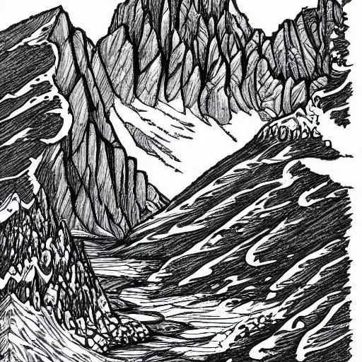 Prompt: Rocky mountains, drawn in the style of Kentaro Miura, eldritch