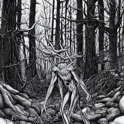 Image similar to wendigo in the woods, Michael Whelan, pen and ink, black and white