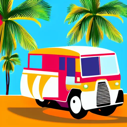 Image similar to stylized vector graphic of a philippines jeepney, palm tree, philippines sun and filipino girl wearing traditional clothes, white background, trending on artstation