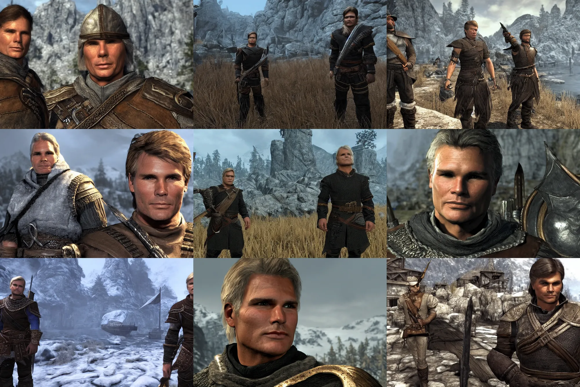 Prompt: still image of a young richard dean anderson as colonel jack o'neill as a whiterun guard in skyrim, unreal engine