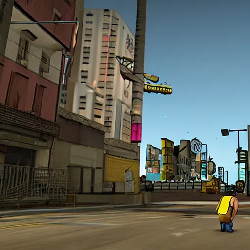 Image similar to screenshot from Grand Theft Auto showing a giant minion attacking the city