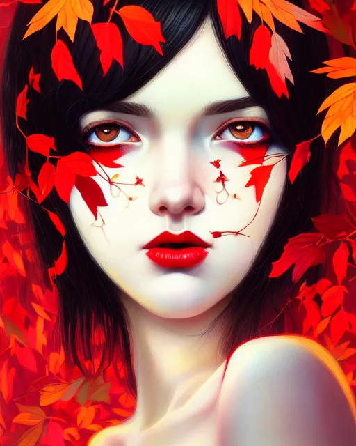 Image similar to highly detailed beautiful pale skin hippie, black hair, flying leaves on backround, symmetrical, red lips, paint by ilya kuvshinov and anna dittman trending on artstation, intricate details, energetic composition, golden ratio, concept art, illustration, elegant art