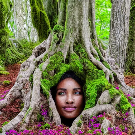 Prompt: a woman's face emerging from the roots of a tree, covered in moss, flowers, mother nature