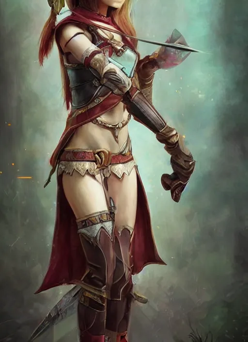 Image similar to hyper realistic painting, elf archer girl, elf armor, full body, rule of thirds, human proportion, good anatomy, beautiful face, conceptart, saturated colors, cinematic, artstation, pinterest, cgsociety