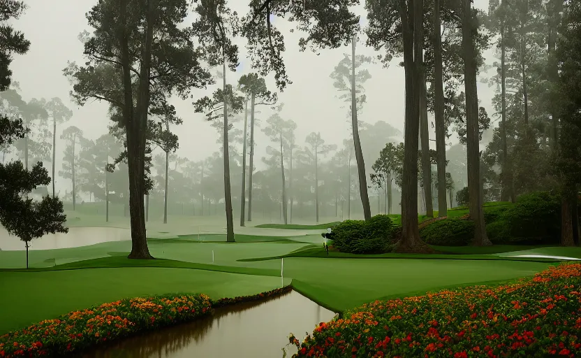 Image similar to augusta national, the masters, many beautiful flowers and magnlia trees, completely flooded with brown water during rain storm, beautiful ambient light, fog,