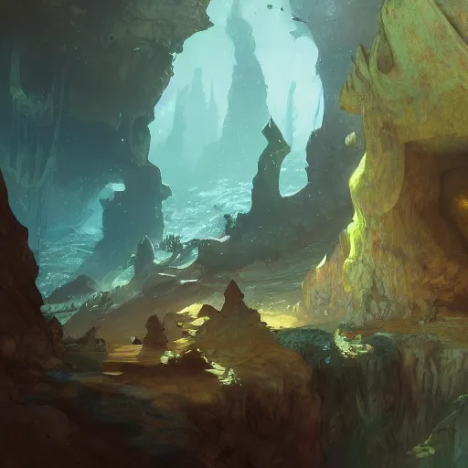 Image similar to masterpiece digital painting of underwater caves by kev walker and greg rutkowski and mucha, artstation, deviantart, closer view, cinematic lights