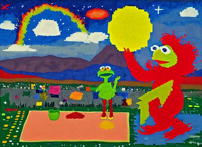 Image similar to pixel decollage painting trash can toter as tarot card fool with sesame street elmo and kermit muppet on a horse knight in a dark red cloudy night sky background and golden foil jewish stars , mountain lake and blossoming field in background, painted by Mark Rothko, Helen Frankenthaler, Danny Fox and Hilma af Klint, pixelated, neo expressionism, semi naive, pastel colors, cinematic, color field painting, cave painting, voxel, pop art look, outsider art, minimalistic. Bill Traylor painting, part by Philip Guston and Francis Bacon. art by Adrian Ghenie, very coherent symmetrical artwork, cinematic, hyper realism, high detail, octane render, unreal engine, Smooth gradients, depth of field, full body character drawing, extremely detailed, 8k, extreme detail, intricate detail, masterpiece