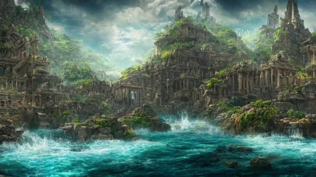 Image similar to lost city of atlantis, fantasy artwork, very very very beautiful scenery, hd, hdr, ue5, ue6, unreal engine 5, cinematic 4k wallpaper, 8k, ultra detailed, high resolution, artstation, award winning