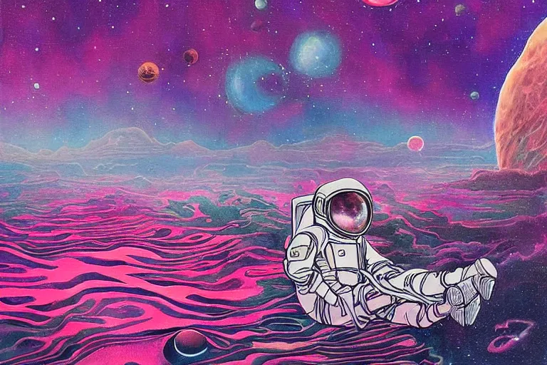 Image similar to surreal painting by chesley bonestelll!!, 1 2 an astronaut sitting near a river + psychedelic vegetation + purple, pink, blue + planets and stars + mystic fog, 5 0's vintage sci - fi style, rule of third!!!!, line art, 8 k, super detailed, high quality