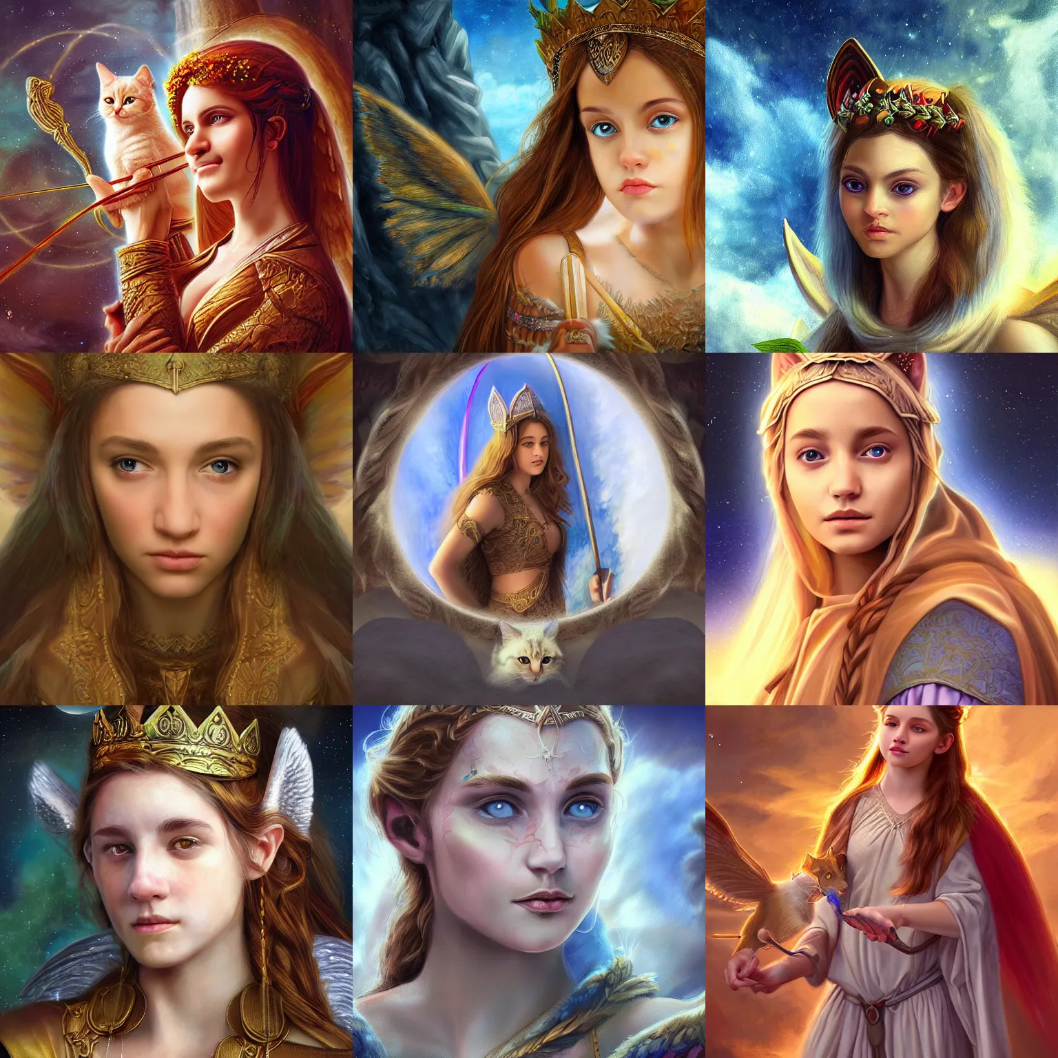 Prompt: portrait of 😇🧝👑🐱🌕🏹🏵️🌌🌉, realistic painting, high definition, digital art, matte painting, very detailed, realistic