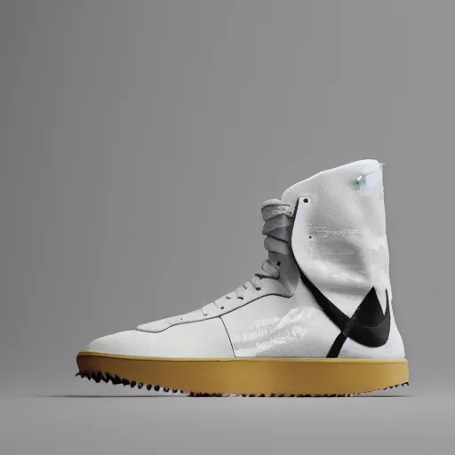 Image similar to a studio photoshoot of A Nike high top sneaker designed by Virgil Abloh, leather and suede, Off-White, realistic, color film photography by Tlyer Mitchell, 35 mm, graflex