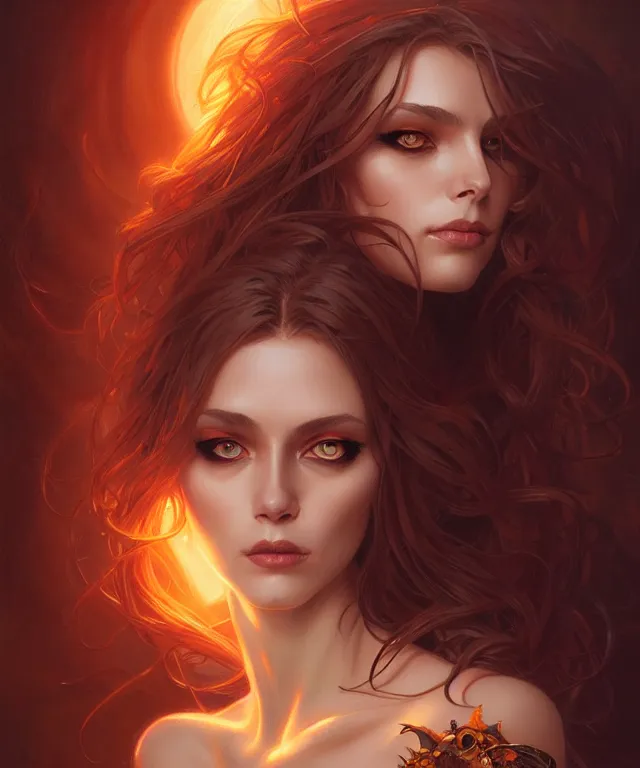 Image similar to Halloween woman portrait, sci-fi, amber eyes, face, long hair, fantasy, intricate, elegant, highly detailed, digital painting, artstation, concept art, smooth, sharp focus, illustration, art by artgerm and greg rutkowski and alphonse mucha