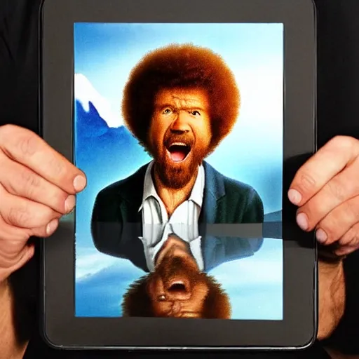 Prompt: angry bob ross screaming at his tablet