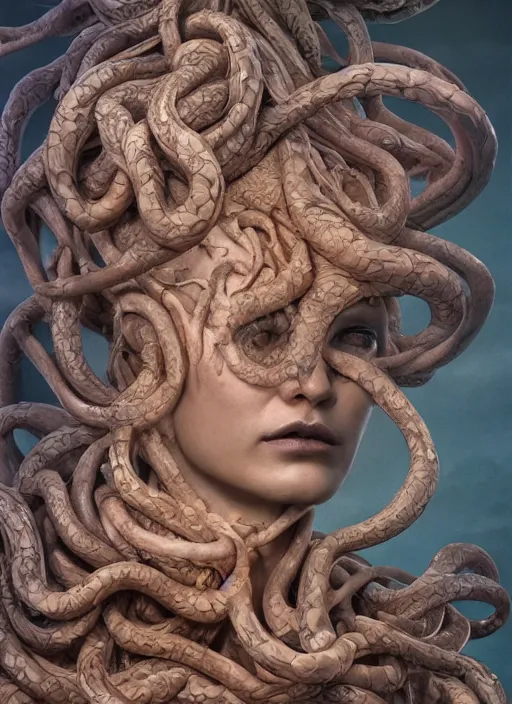 Prompt: medusa made of wax, wooden art nouveau swirls, strong subsurface scattering, cables, tubes, subsurface scattering, in the style of ruan jia and tomasz alen kopera and giger, subsurface scattering, mystical colors, rim light, dramatic lighting, 8 k, stunning scene, raytracing, octane render, trending on artstation