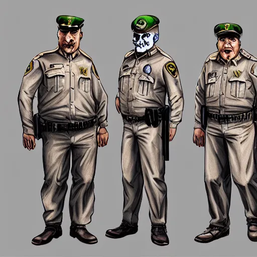 Prompt: zombie sheriffs officers beige uniform and caps in brutalist concrete office trending on artstation high detail digital painting 4 k 8 k hd