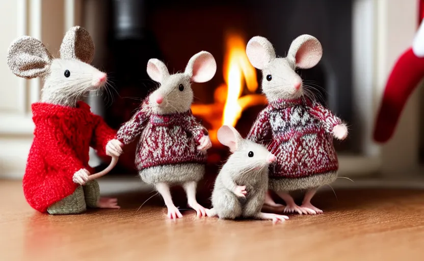 Image similar to a mouse family sitting in front of a cozy christmas fireplace wearing woolen sweater, cinematic lighting, dark atmosphere