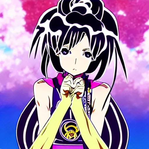 Image similar to Anime key visual of a Versace girl; official media; typography; drawn by Hirohiko Araki; Jojo's Bizarre Adventure; Jojolion